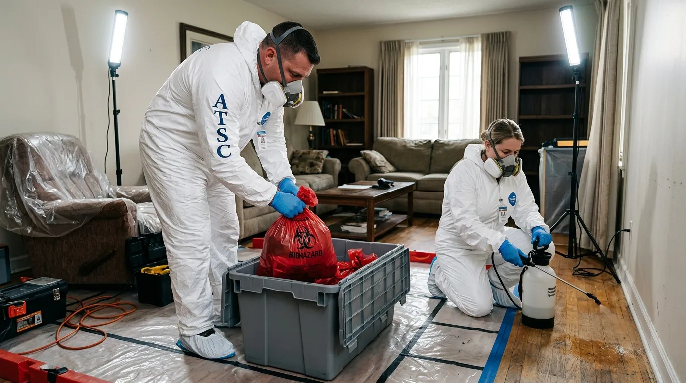 Professional Biohazard Cleanup technician in full PPE working in West Chester